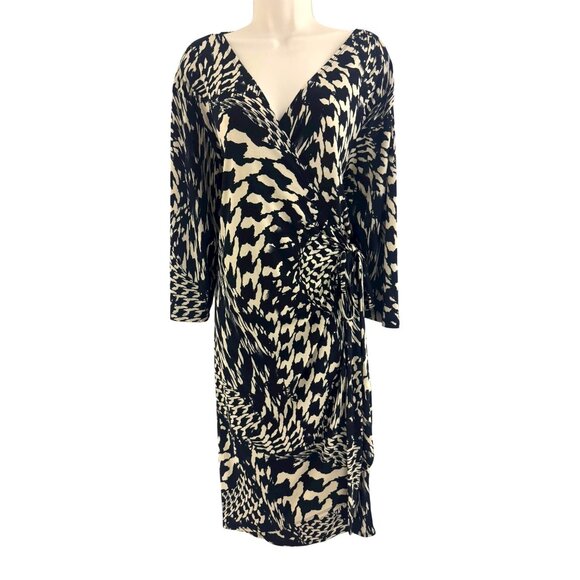 Black Tan Abstract Print True Wrap Dress Size 3X 22 24 Plus Office Work Fall - Picture 1 of 6
